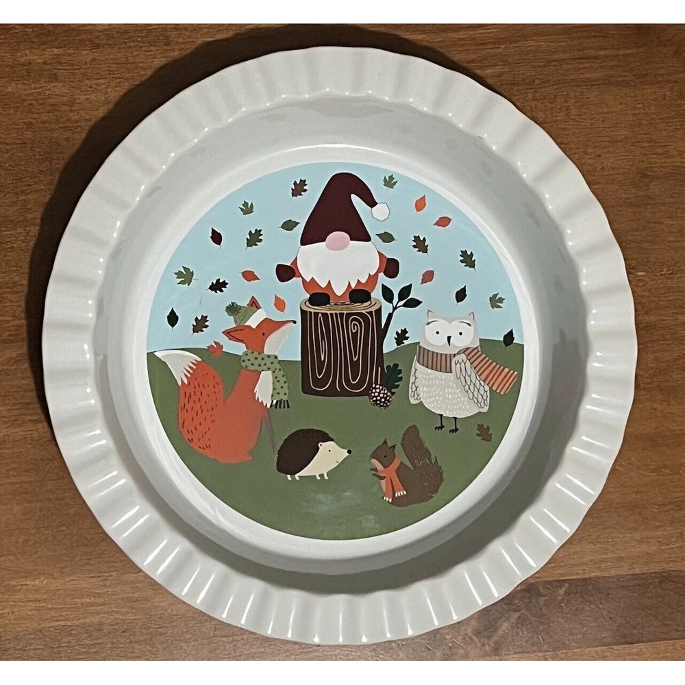 NANTUCKET Ceramic Pie Plate‎ Gnome Fox Squirrel Owl Fall Scene Leaves Autumn